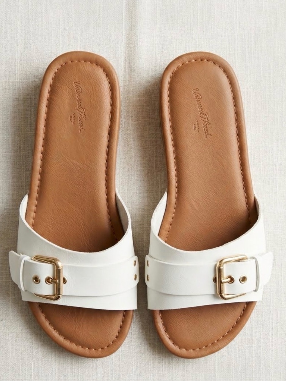 White Slide Sandals with Gold Buckle